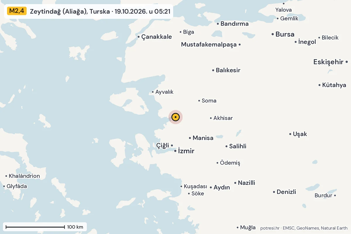 Karta: šire područje, 600 km, potres M2,4, Zeytindağ (Aliağa), Turska, 19.10.2026.