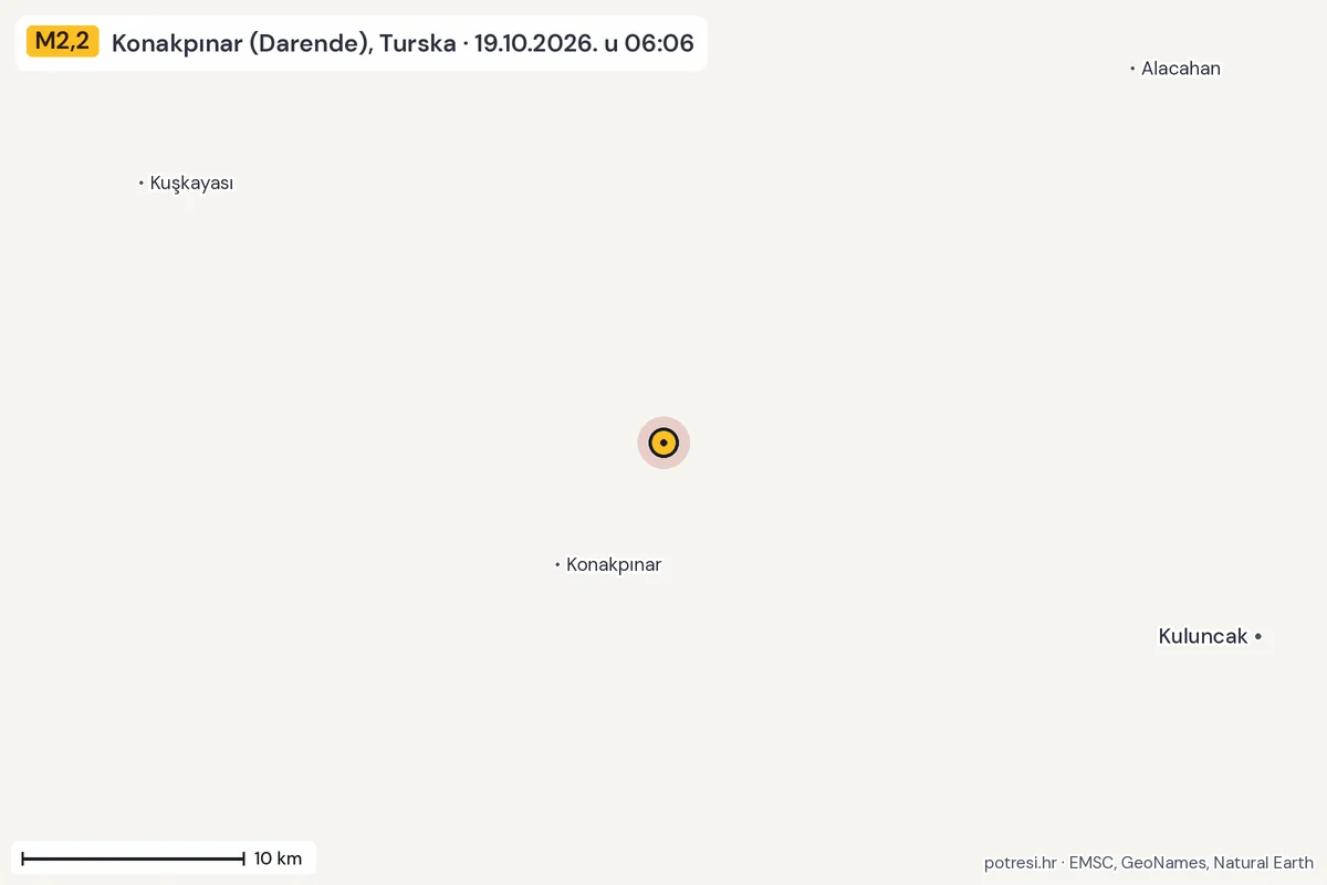 Karta: okolica epicentra, 60 km, potres M2,2, Konakpınar (Darende), Turska, 19.10.2026.