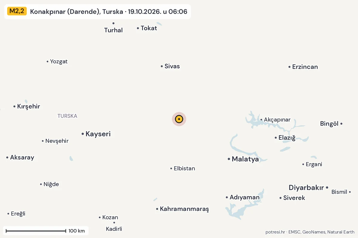 Karta: šire područje, 600 km, potres M2,2, Konakpınar (Darende), Turska, 19.10.2026.