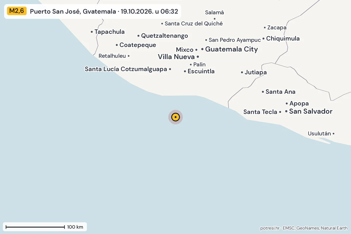 Karta: šire područje, 600 km, potres M2,6, Puerto San José, Gvatemala, 19.10.2026.