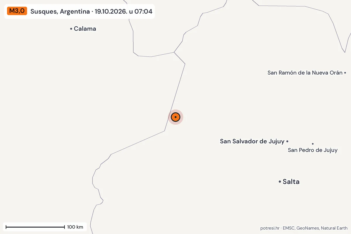 Karta: šire područje, 600 km, potres M3,0, Susques, Argentina, 19.10.2026.