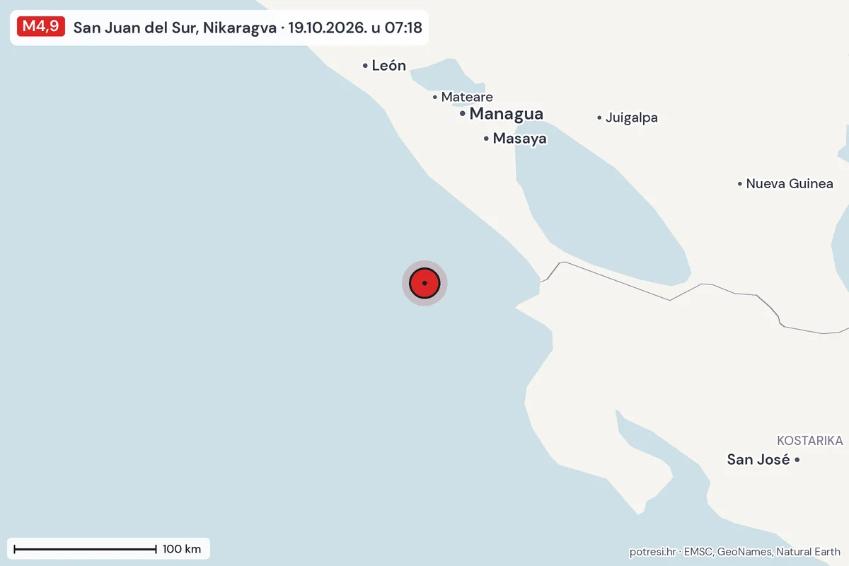 Karta: šire područje, 600 km, potres M4,9, San Juan del Sur, Nikaragva, 19.10.2026.