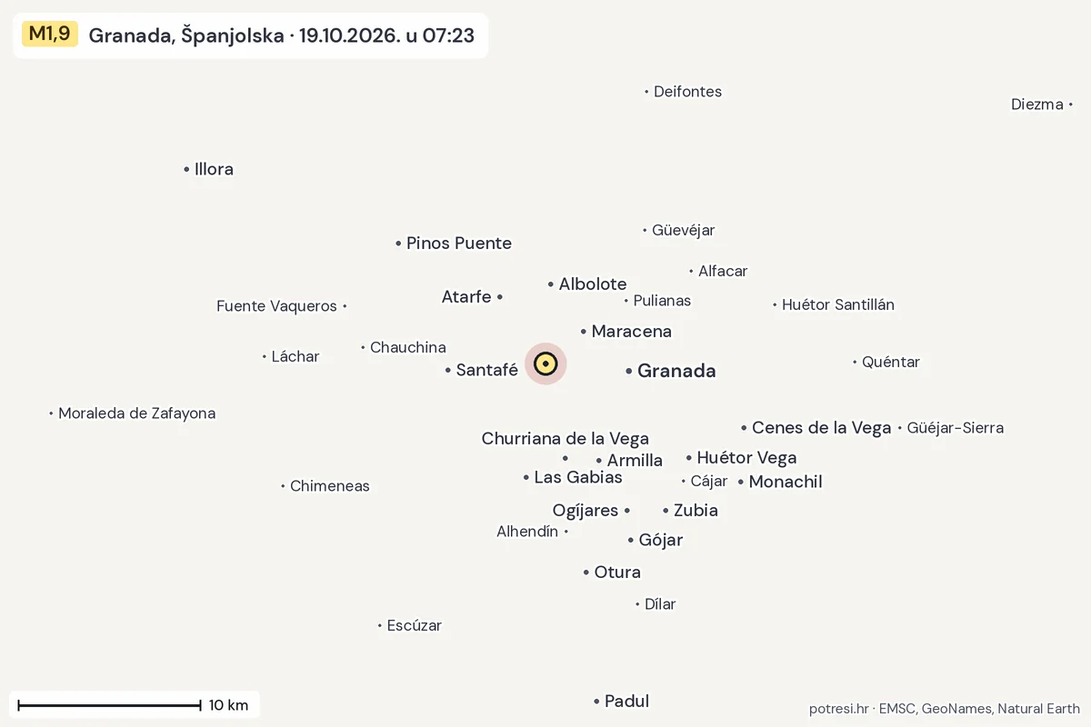 Karta: okolica epicentra, 60 km, potres M1,9, Granada, Španjolska, 19.10.2026.