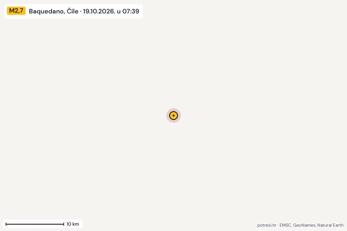 Karta: okolica epicentra, 60 km, potres M2,7, Baquedano, Čile, 19.10.2026.