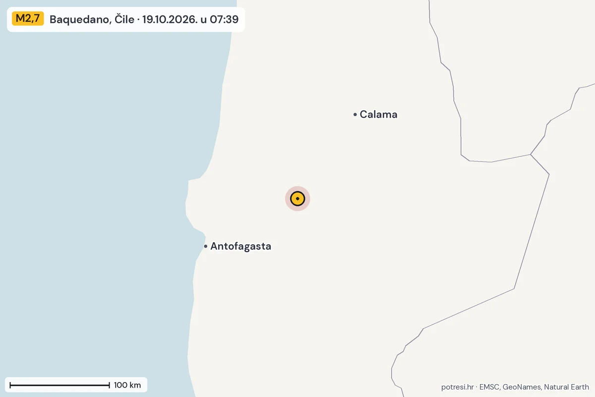 Karta: šire područje, 600 km, potres M2,7, Baquedano, Čile, 19.10.2026.