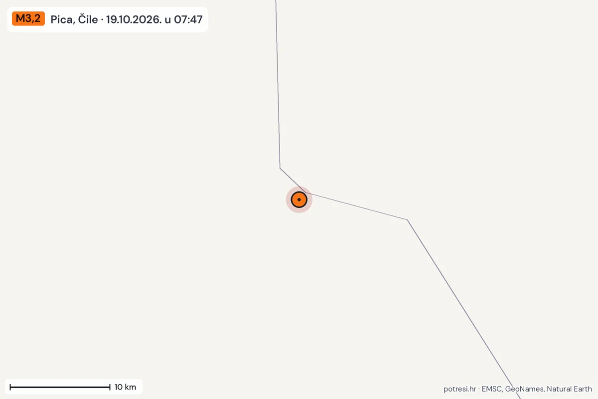 Karta: okolica epicentra, 60 km, potres M3,2, Pica, Čile, 19.10.2026.