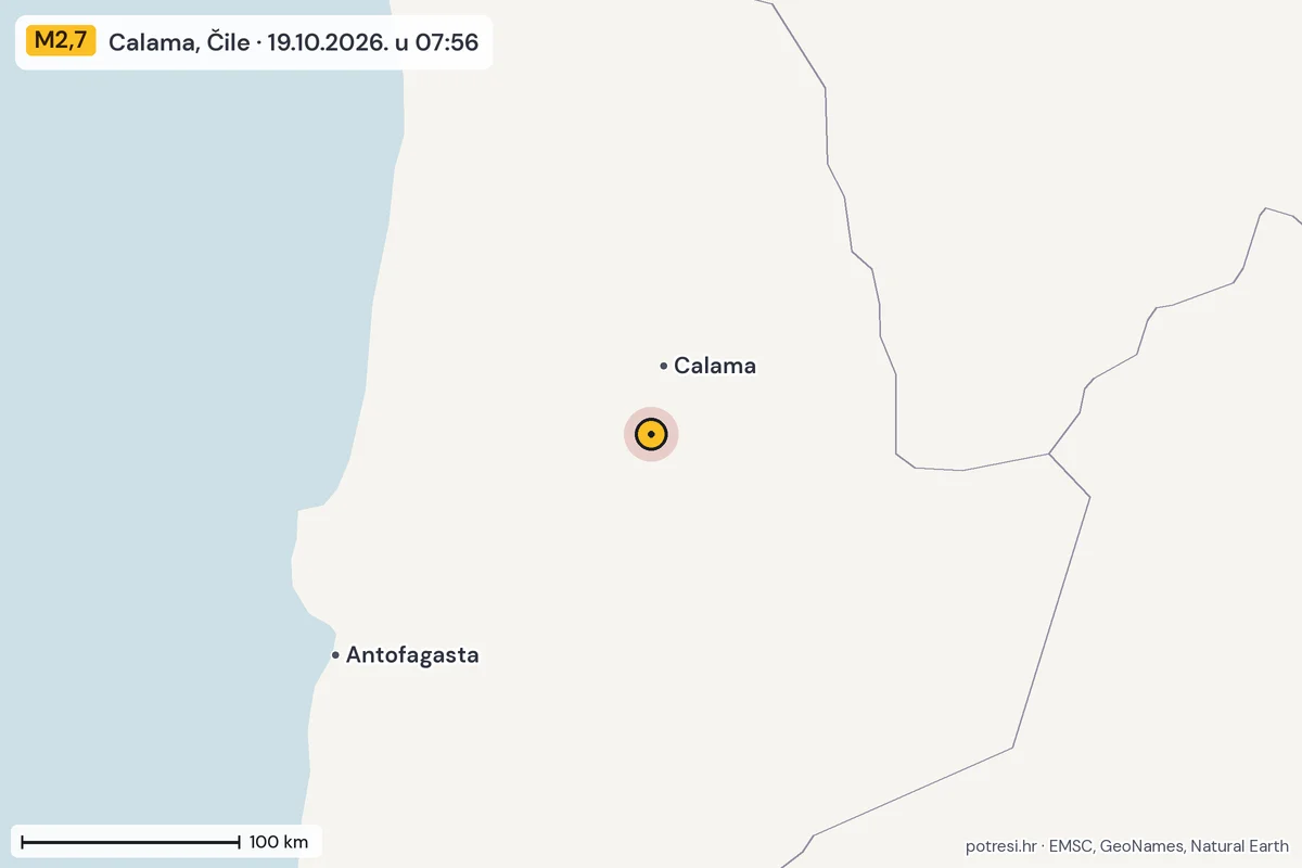 Karta: šire područje, 600 km, potres M2,7, Calama, Čile, 19.10.2026.