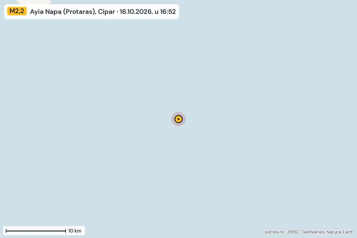 Karta: okolica epicentra, 60 km, potres M2,2, Ayia Napa (Protaras), Cipar, 16.10.2026.
