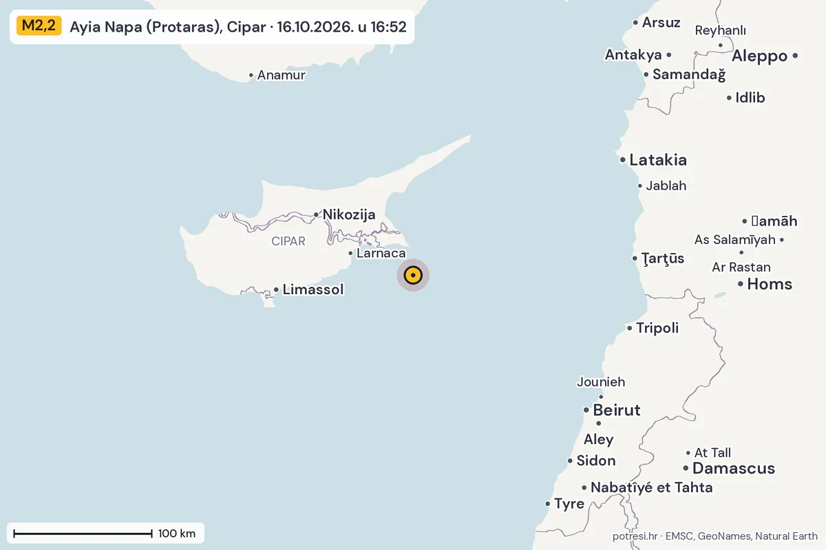 Karta: šire područje, 600 km, potres M2,2, Ayia Napa (Protaras), Cipar, 16.10.2026.
