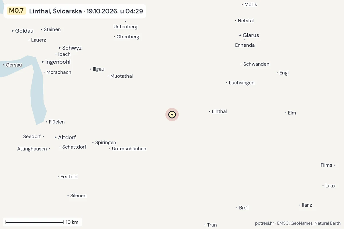 Karta: okolica epicentra, 60 km, potres M0,7, Linthal, Švicarska, 19.10.2026.