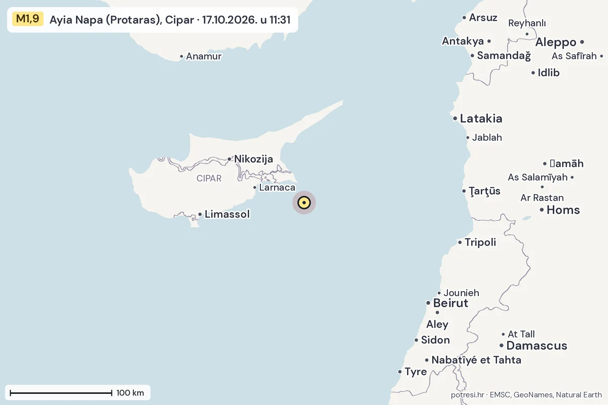 Karta: šire područje, 600 km, potres M1,9, Ayia Napa (Protaras), Cipar, 17.10.2026.