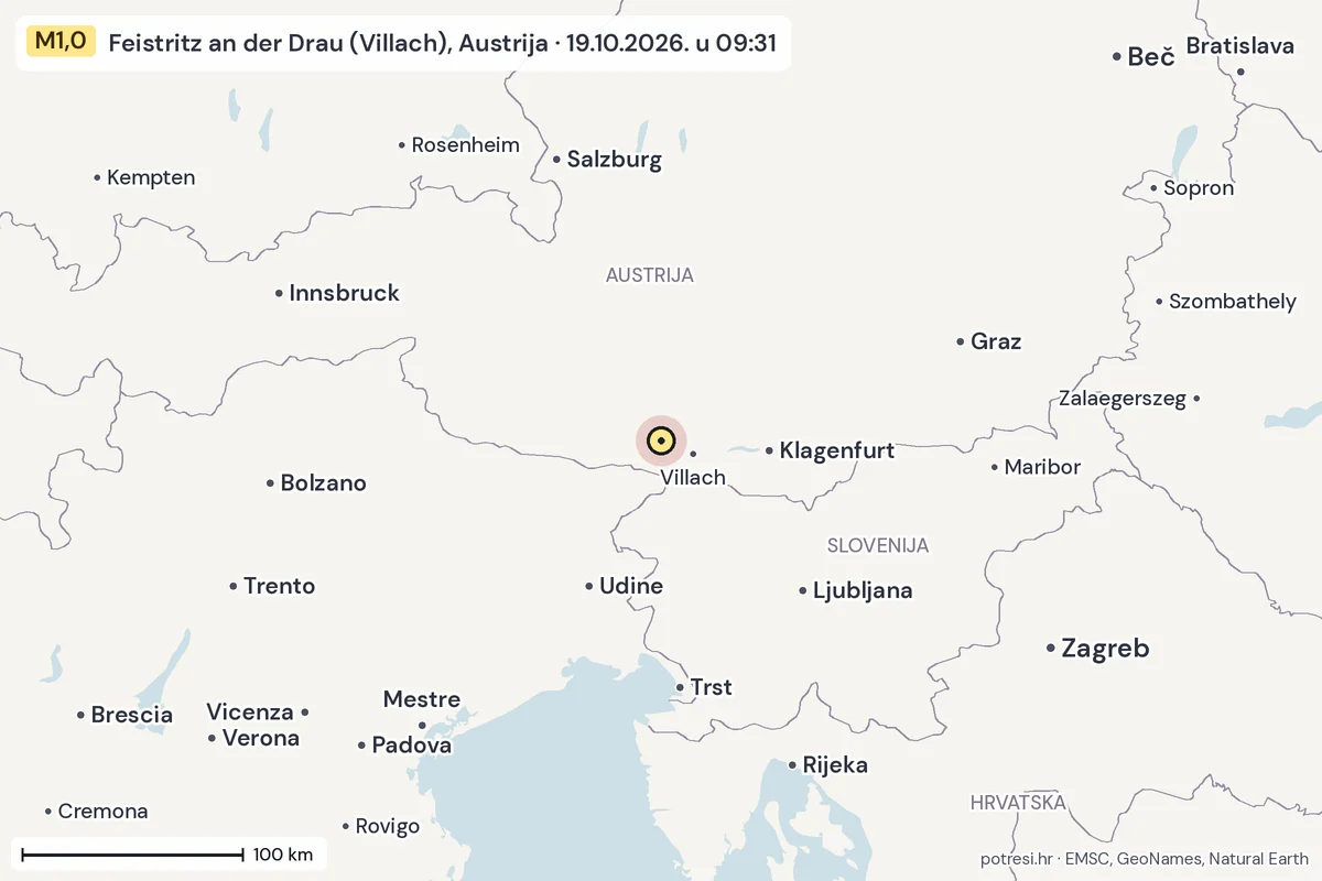 Karta: šire područje, 600 km, potres M1,0, Feistritz an der Drau (Villach), Austrija, 19.10.2026.