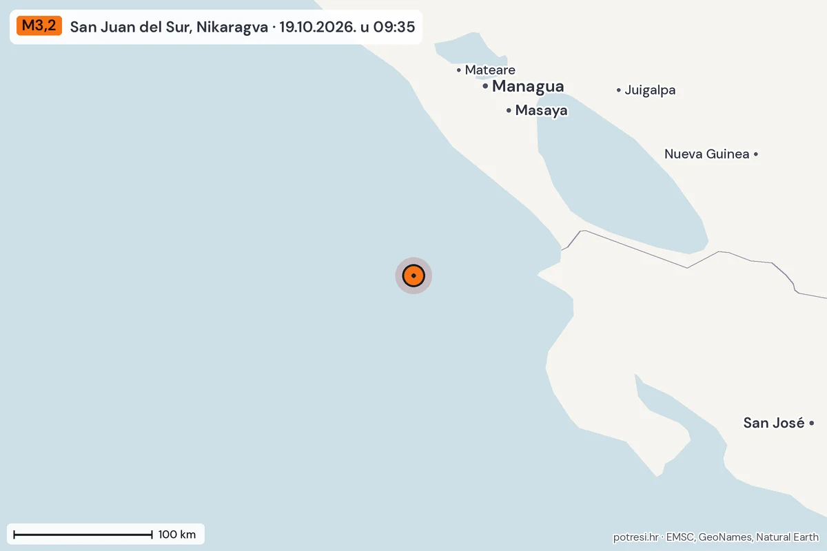 Karta: šire područje, 600 km, potres M3,2, San Juan del Sur, Nikaragva, 19.10.2026.