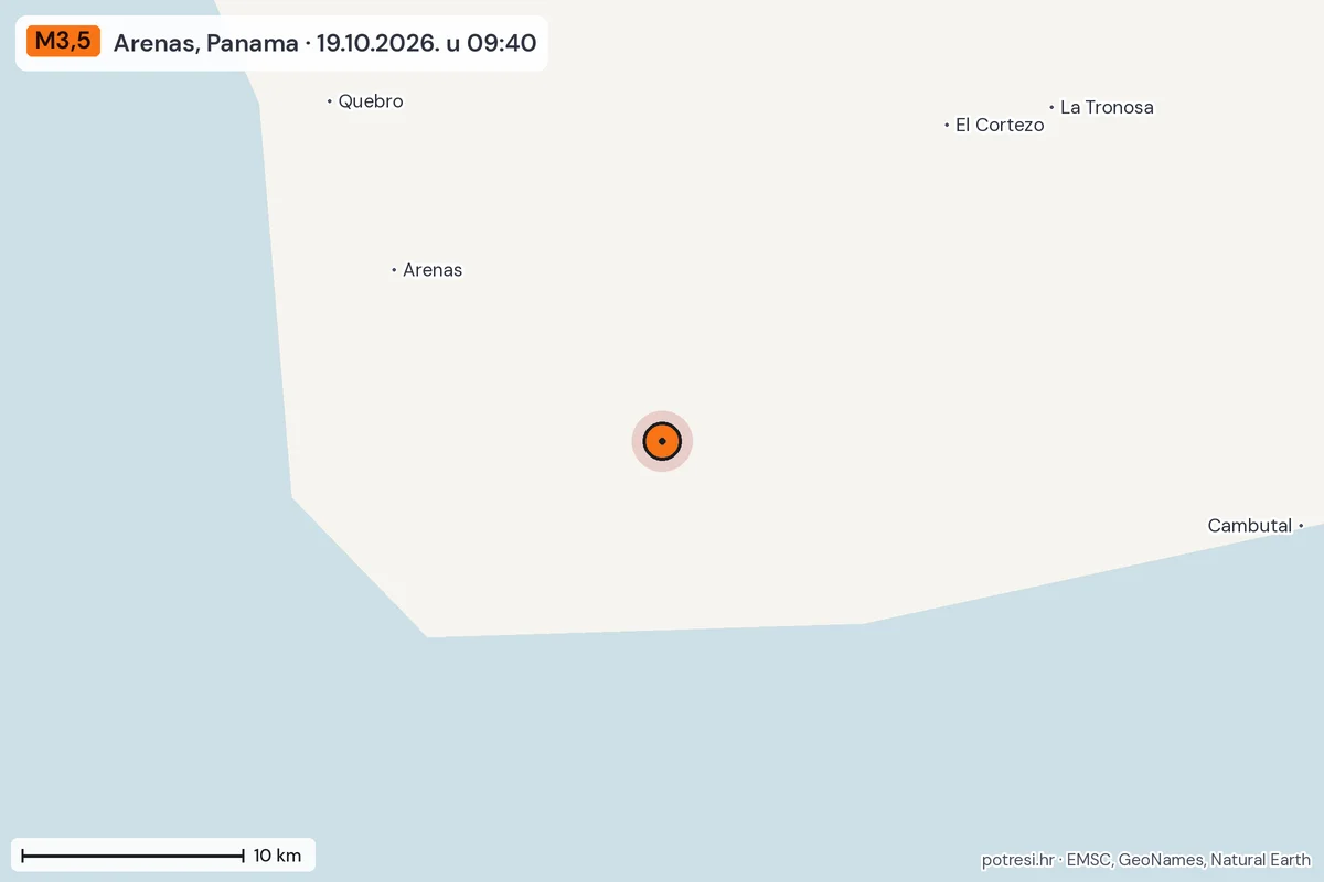 Karta: okolica epicentra, 60 km, potres M3,5, Arenas, Panama, 19.10.2026.