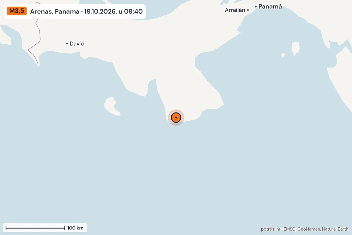 Karta: šire područje, 600 km, potres M3,5, Arenas, Panama, 19.10.2026.