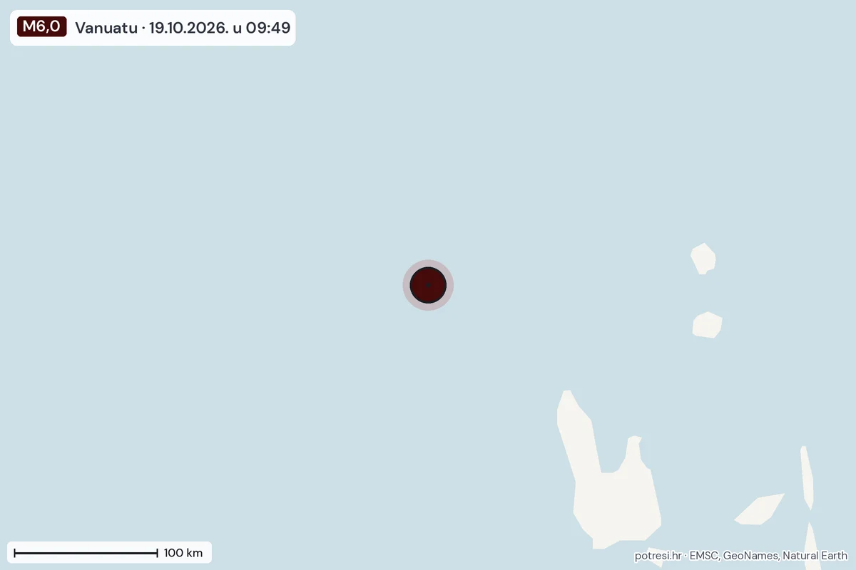 Karta: šire područje, 600 km, potres M6,0, Vanuatu, 19.10.2026.