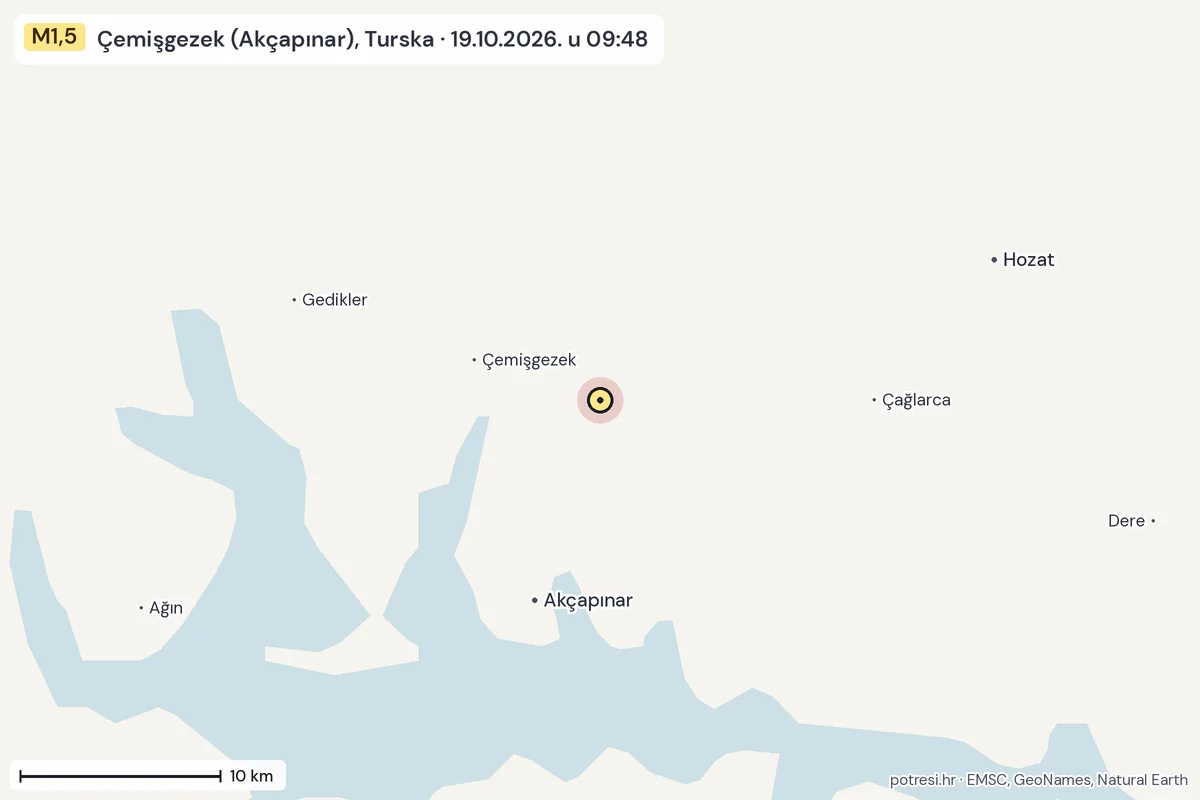Karta: okolica epicentra, 60 km, potres M1,5, Çemişgezek (Akçapınar), Turska, 19.10.2026.
