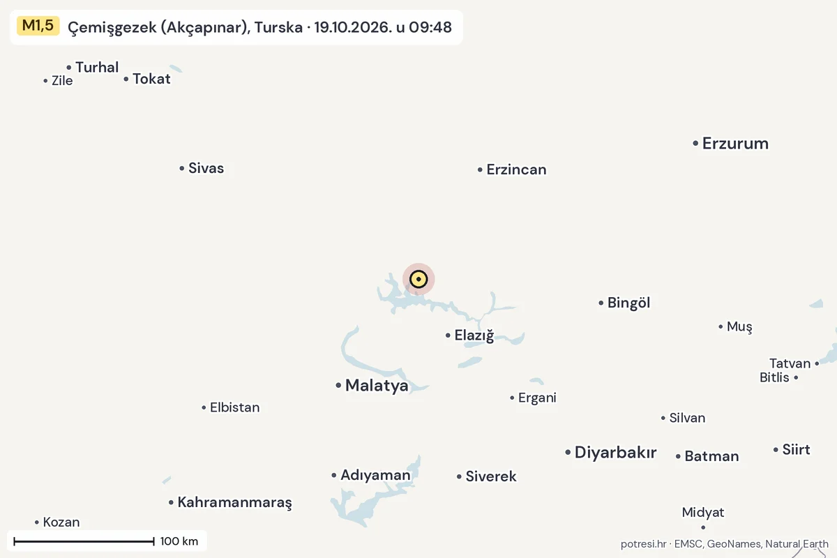 Karta: šire područje, 600 km, potres M1,5, Çemişgezek (Akçapınar), Turska, 19.10.2026.