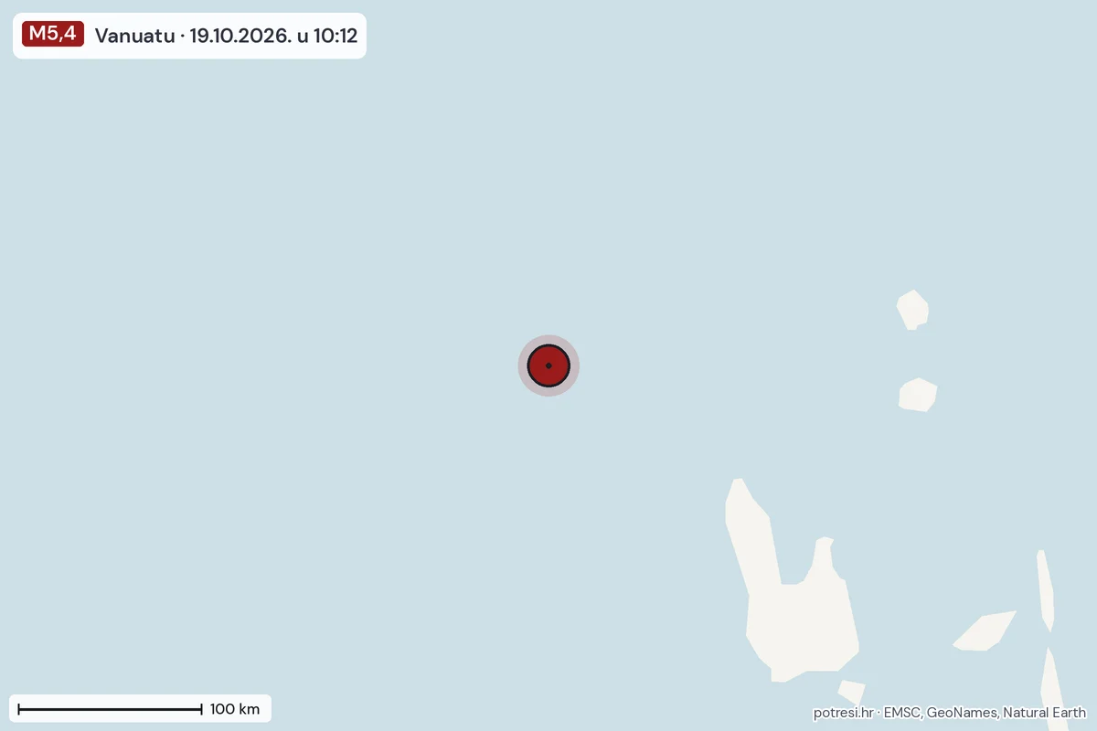 Karta: šire područje, 600 km, potres M5,4, Vanuatu, 19.10.2026.