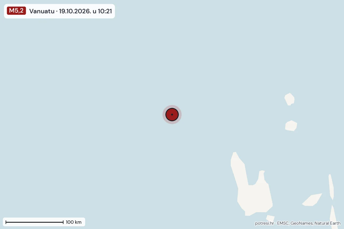 Karta: šire područje, 600 km, potres M5,2, Vanuatu, 19.10.2026.