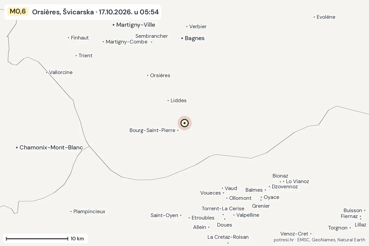 Karta: okolica epicentra, 60 km, potres M0,6, Orsières, Švicarska, 17.10.2026.