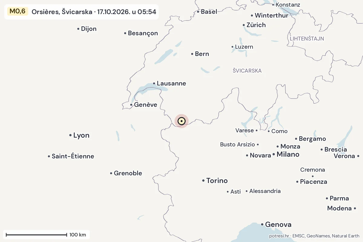 Karta: šire područje, 600 km, potres M0,6, Orsières, Švicarska, 17.10.2026.