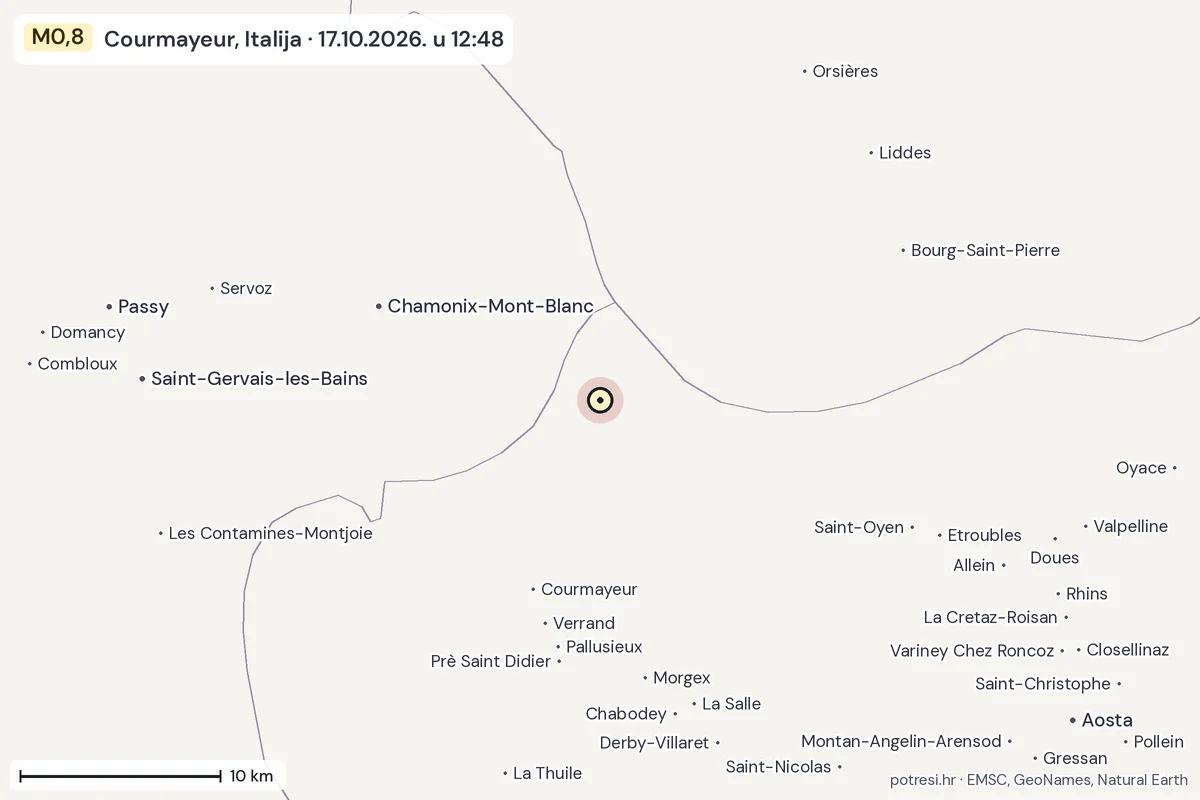 Karta: okolica epicentra, 60 km, potres M0,8, Courmayeur, Italija, 17.10.2026.