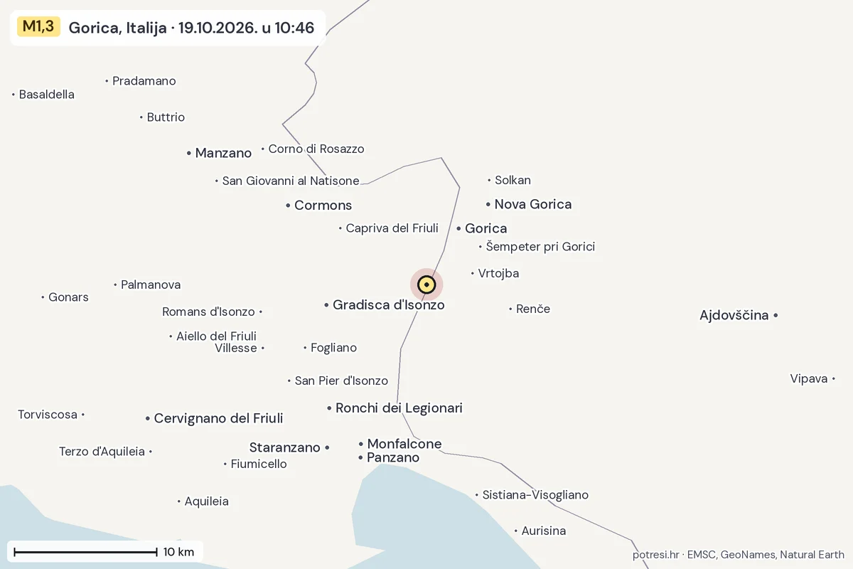 Karta: okolica epicentra, 60 km, potres M1,3, Gorica, Italija, 19.10.2026.