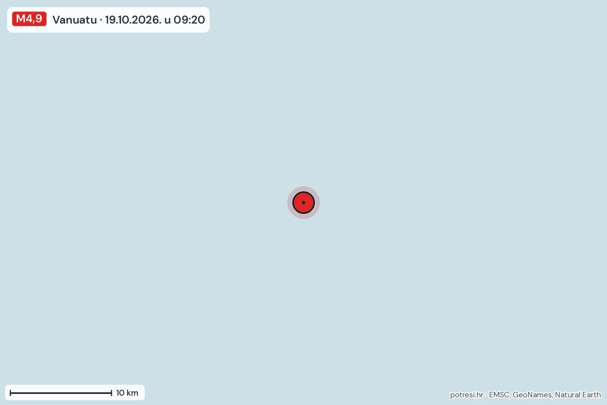 Karta: okolica epicentra, 60 km, potres M4,9, Vanuatu, 19.10.2026.