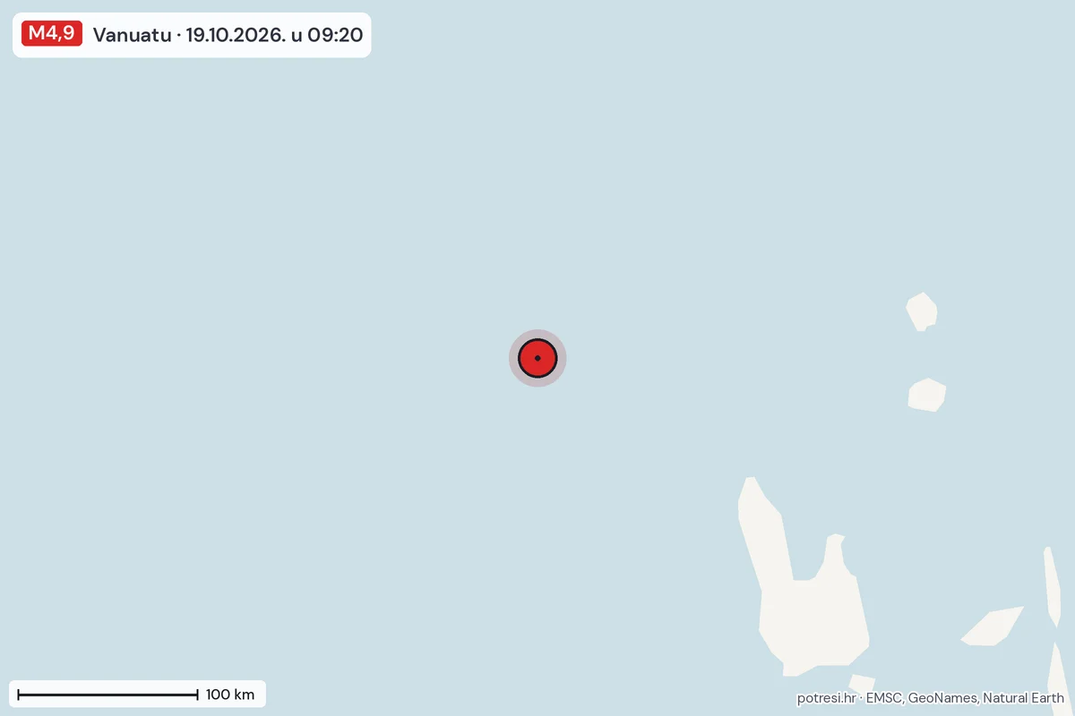 Karta: šire područje, 600 km, potres M4,9, Vanuatu, 19.10.2026.