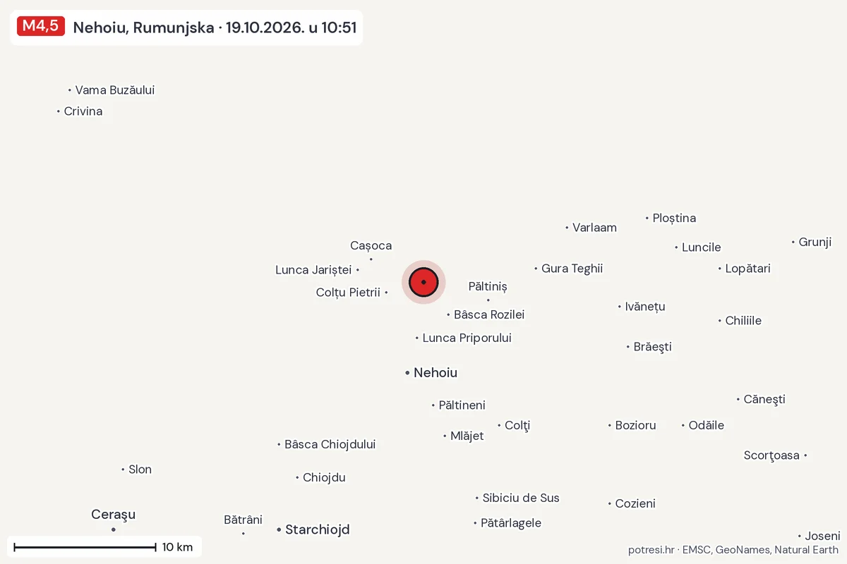 Karta: okolica epicentra, 60 km, potres M4,5, Nehoiu, Rumunjska, 19.10.2026.