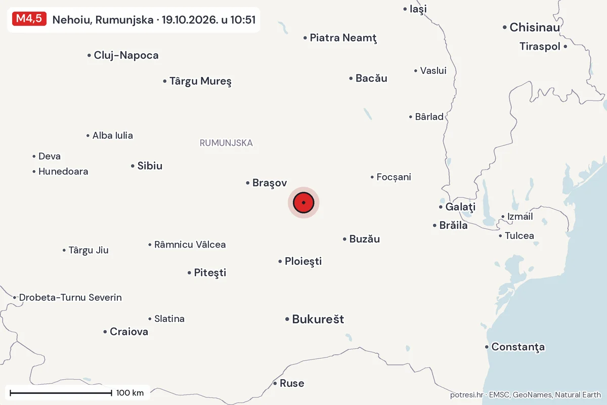 Karta: šire područje, 600 km, potres M4,5, Nehoiu, Rumunjska, 19.10.2026.