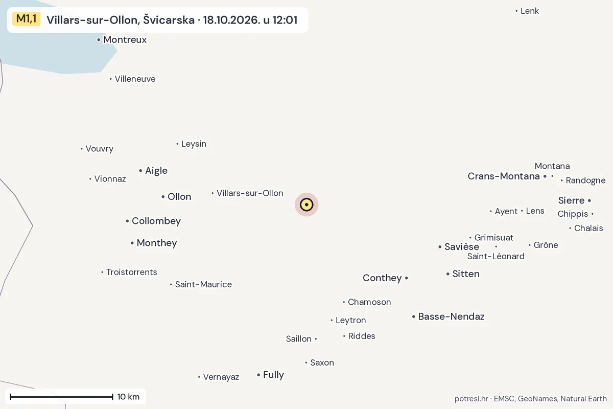Karta: okolica epicentra, 60 km, potres M1,1, Villars-sur-Ollon, Švicarska, 18.10.2026.