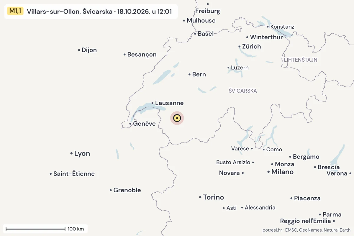 Karta: šire područje, 600 km, potres M1,1, Villars-sur-Ollon, Švicarska, 18.10.2026.