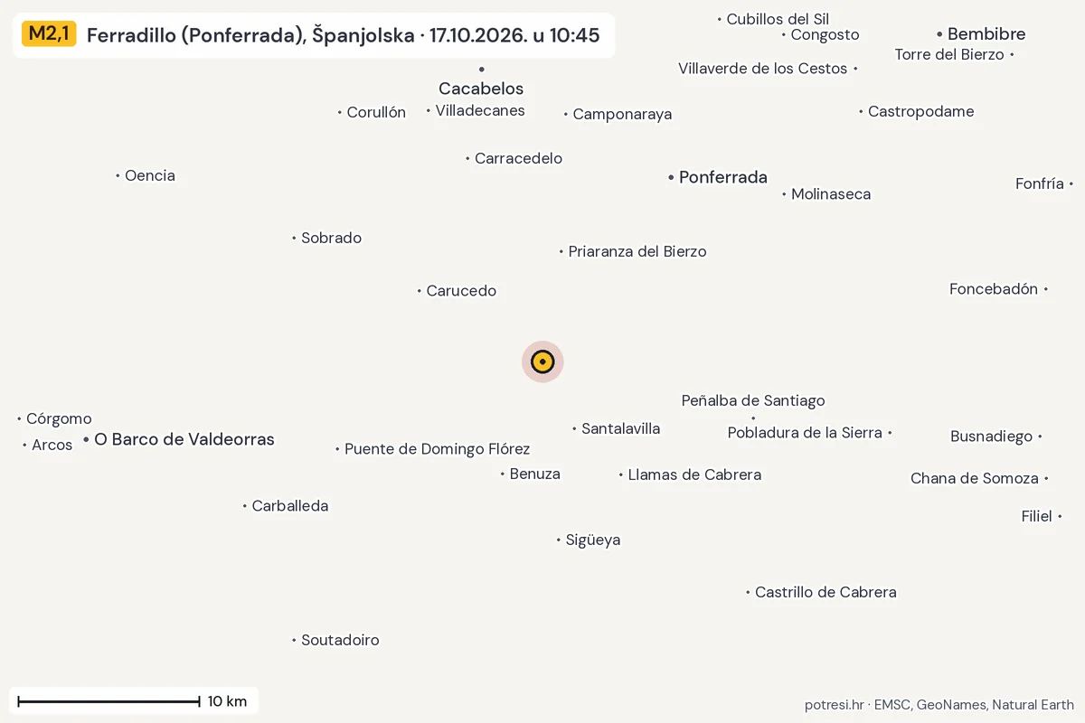 Karta: okolica epicentra, 60 km, potres M2,1, Ferradillo (Ponferrada), Španjolska, 17.10.2026.