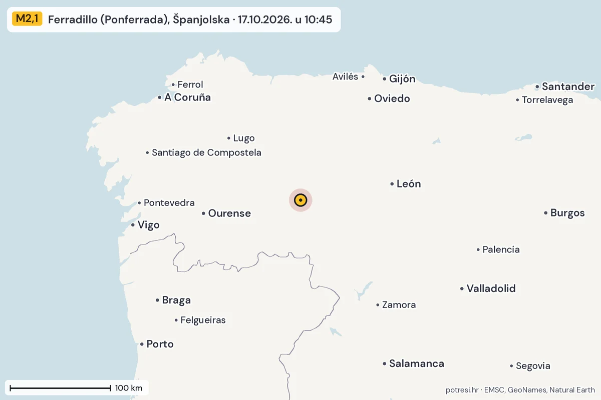 Karta: šire područje, 600 km, potres M2,1, Ferradillo (Ponferrada), Španjolska, 17.10.2026.
