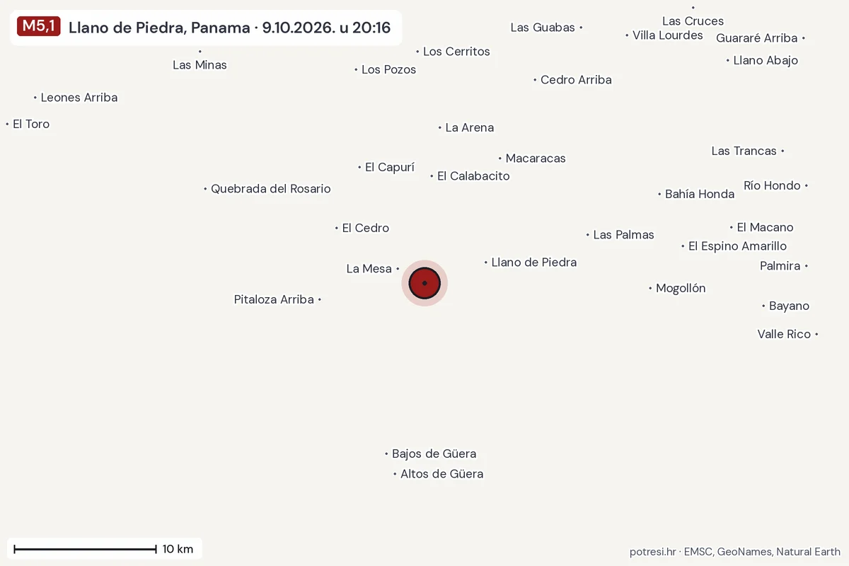 Karta: okolica epicentra, 60 km, potres M5,1, Llano de Piedra, Panama, 9.10.2026.