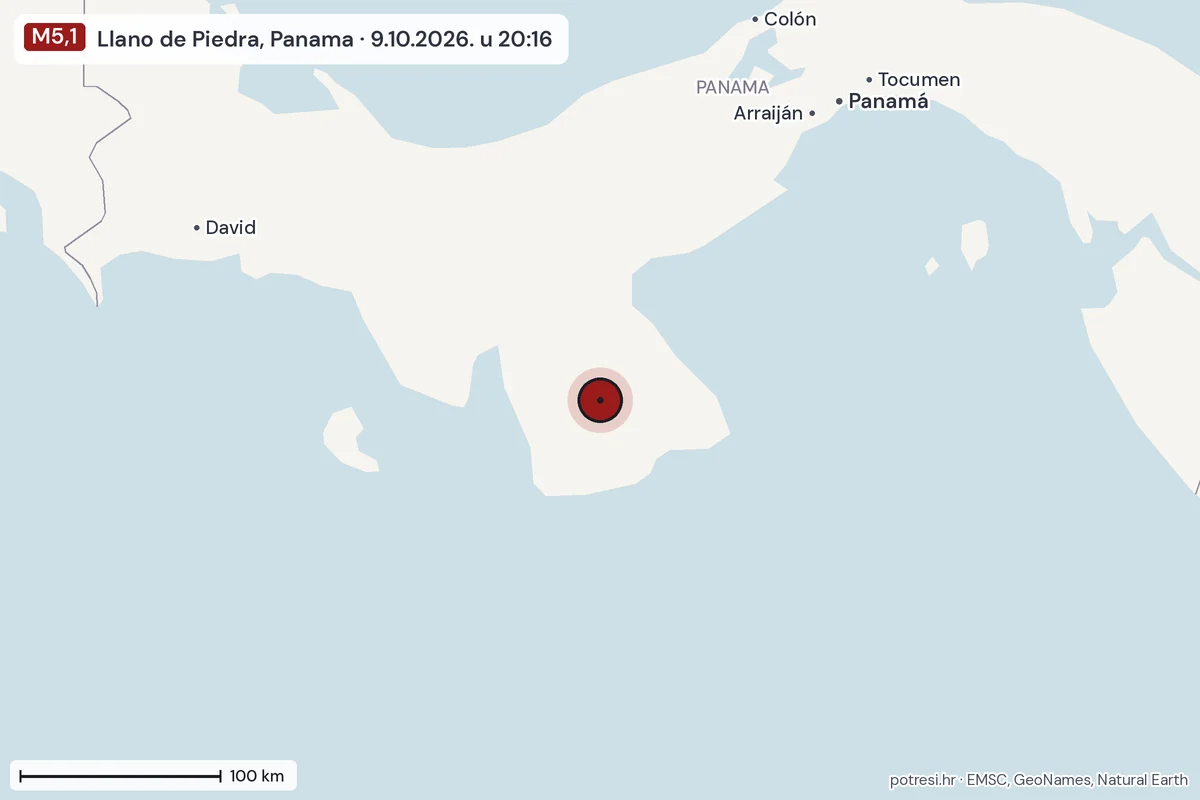 Karta: šire područje, 600 km, potres M5,1, Llano de Piedra, Panama, 9.10.2026.
