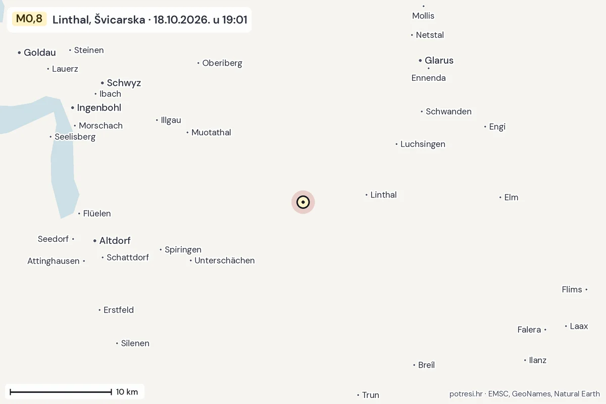 Karta: okolica epicentra, 60 km, potres M0,8, Linthal, Švicarska, 18.10.2026.