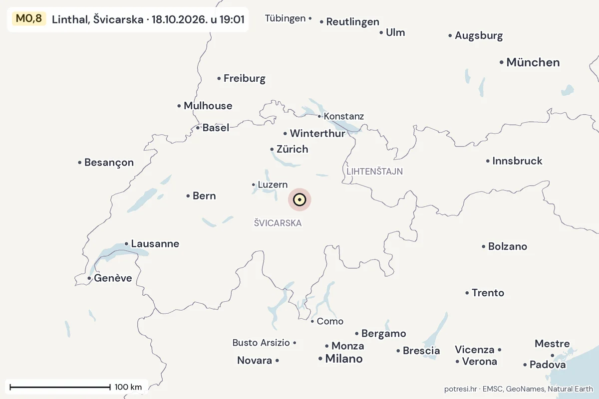 Karta: šire područje, 600 km, potres M0,8, Linthal, Švicarska, 18.10.2026.