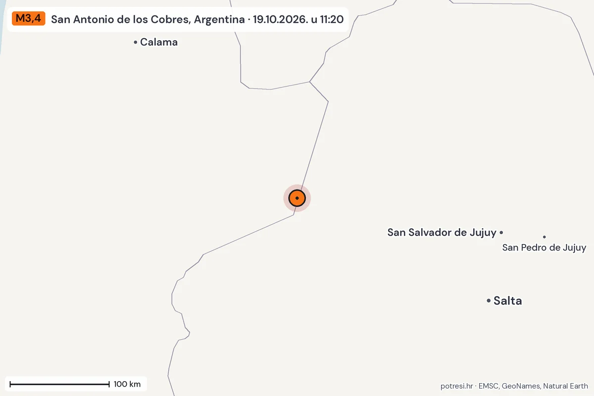 Karta: šire područje, 600 km, potres M3,4, San Antonio de los Cobres, Argentina, 19.10.2026.