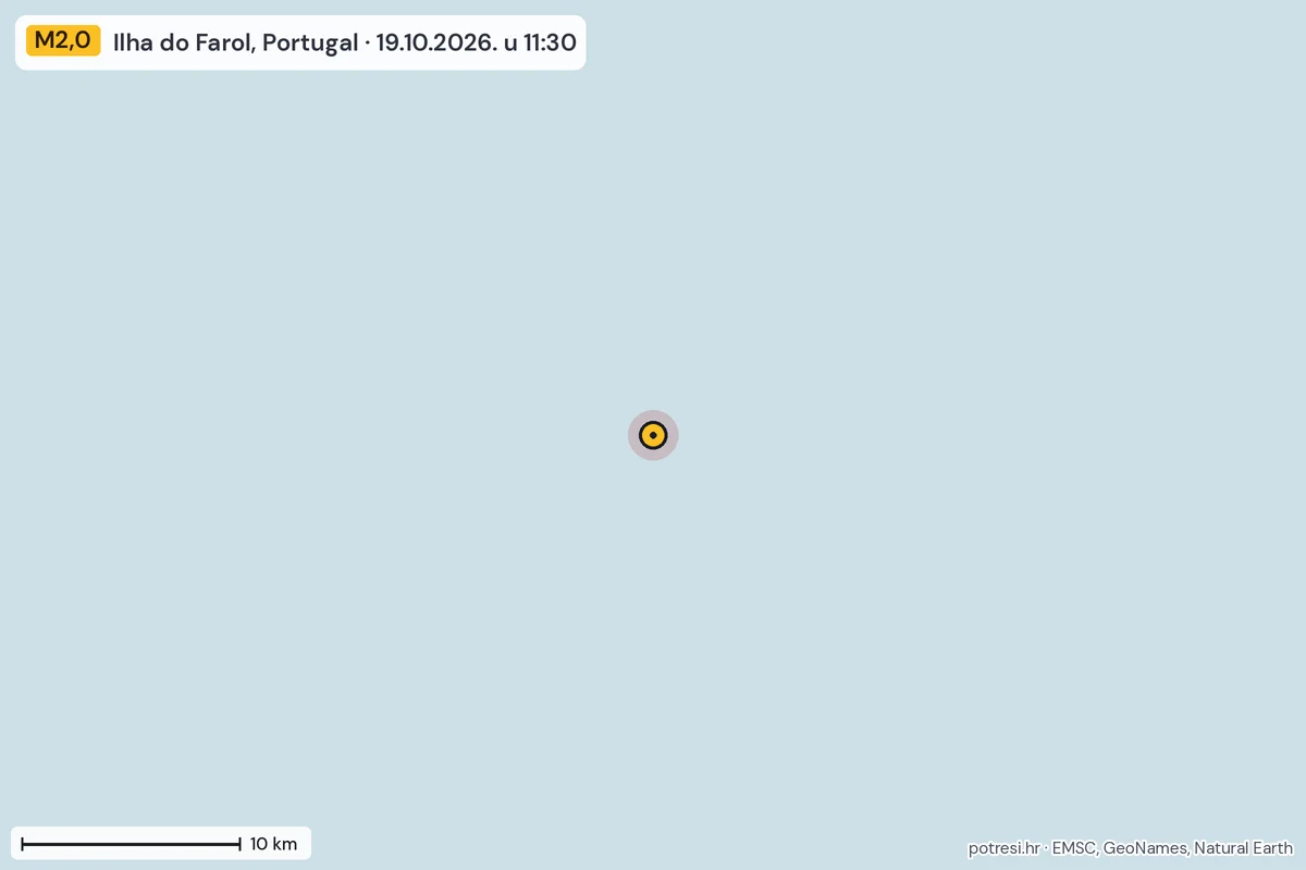 Karta: okolica epicentra, 60 km, potres M2,0, Ilha do Farol, Portugal, 19.10.2026.