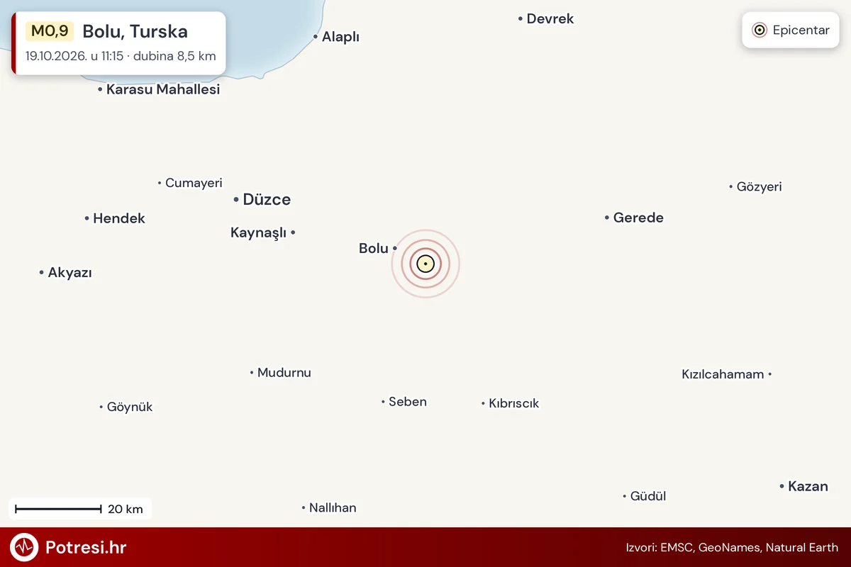 Karta: šire područje i vjerojatni doseg osjeta, potres M0,9, Bolu, Turska, 19.10.2026.
