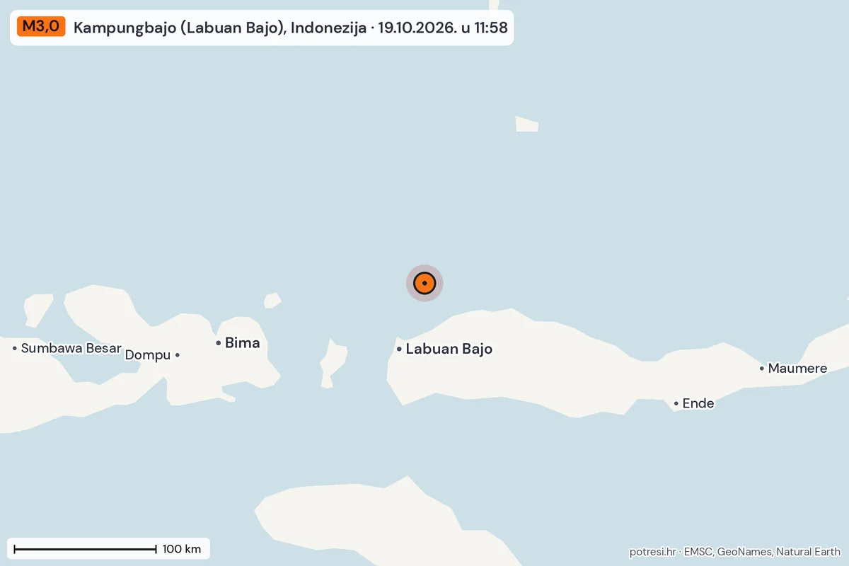Karta: šire područje, 600 km, potres M3,0, Kampungbajo (Labuan Bajo), Indonezija, 19.10.2026.