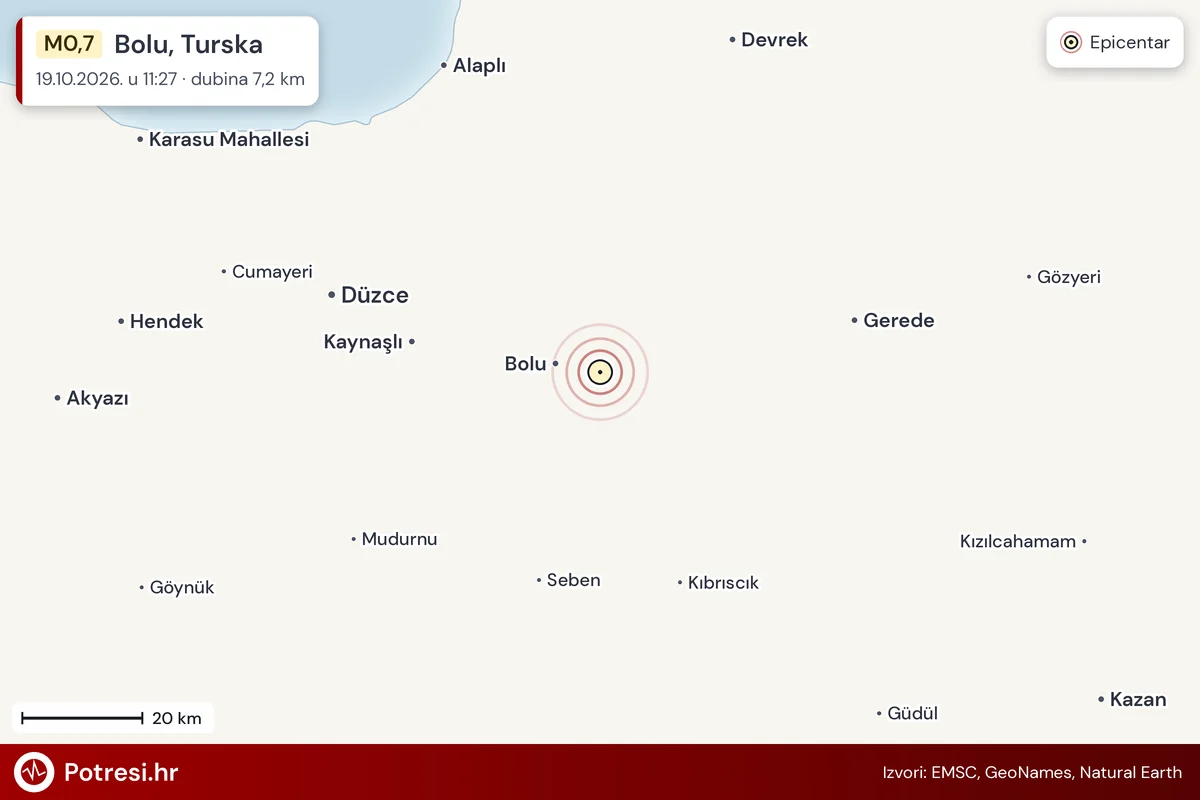 Karta: šire područje i vjerojatni doseg osjeta, potres M0,7, Bolu, Turska, 19.10.2026.