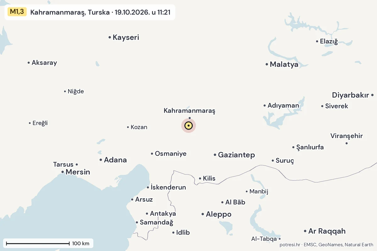 Karta: šire područje, 600 km, potres M1,3, Kahramanmaraş, Turska, 19.10.2026.