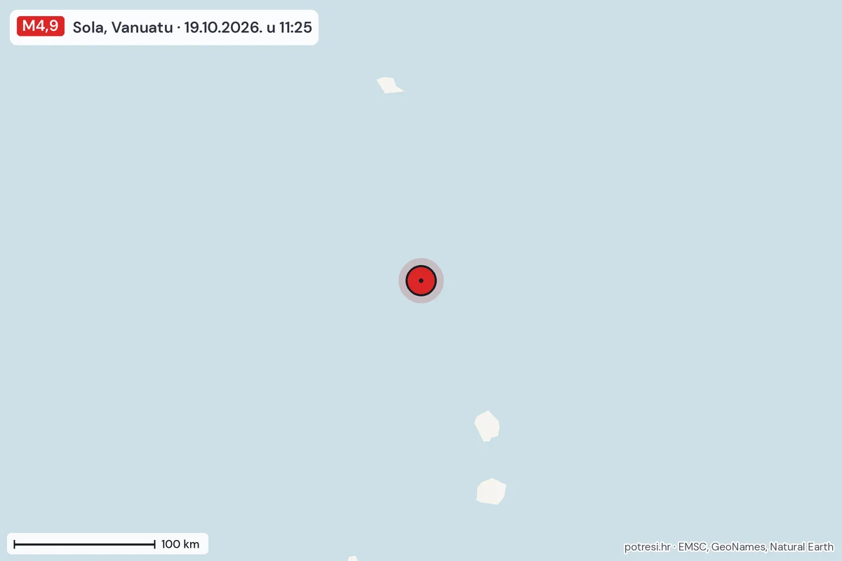 Karta: šire područje, 600 km, potres M4,9, Sola, Vanuatu, 19.10.2026.