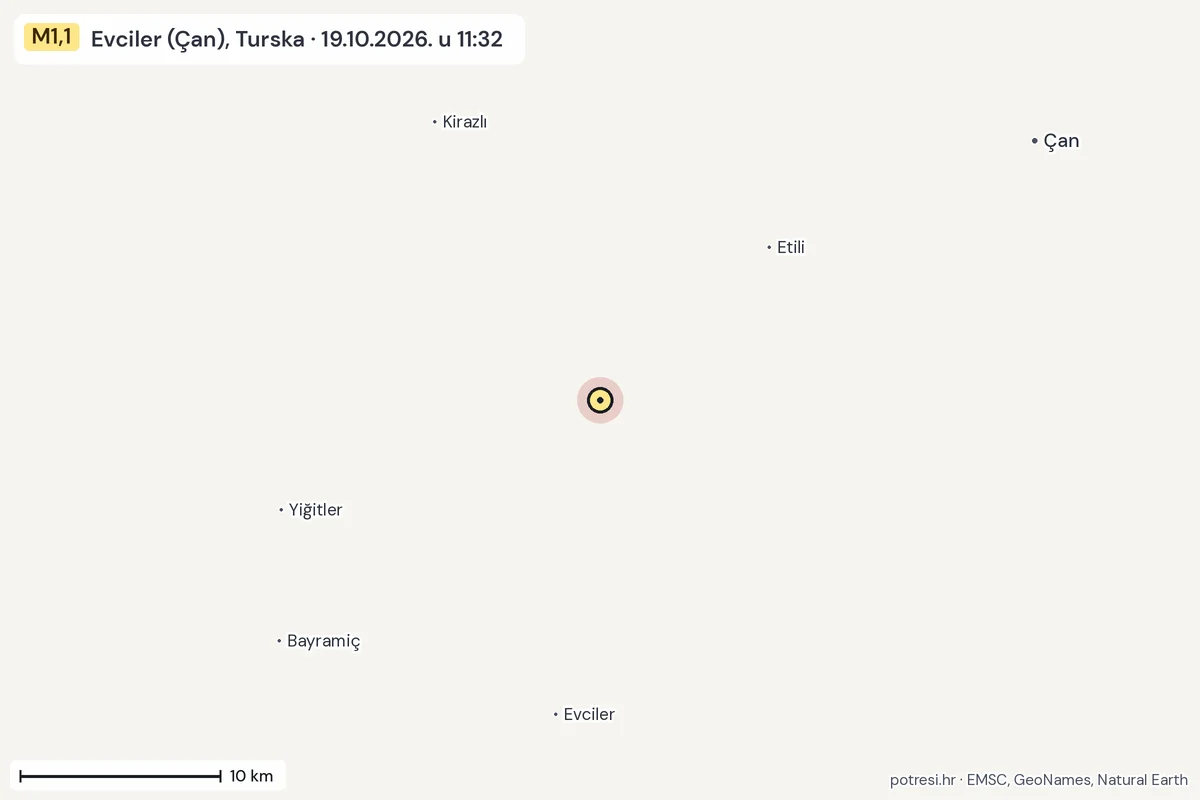 Karta: okolica epicentra, 60 km, potres M1,1, Evciler (Çan), Turska, 19.10.2026.