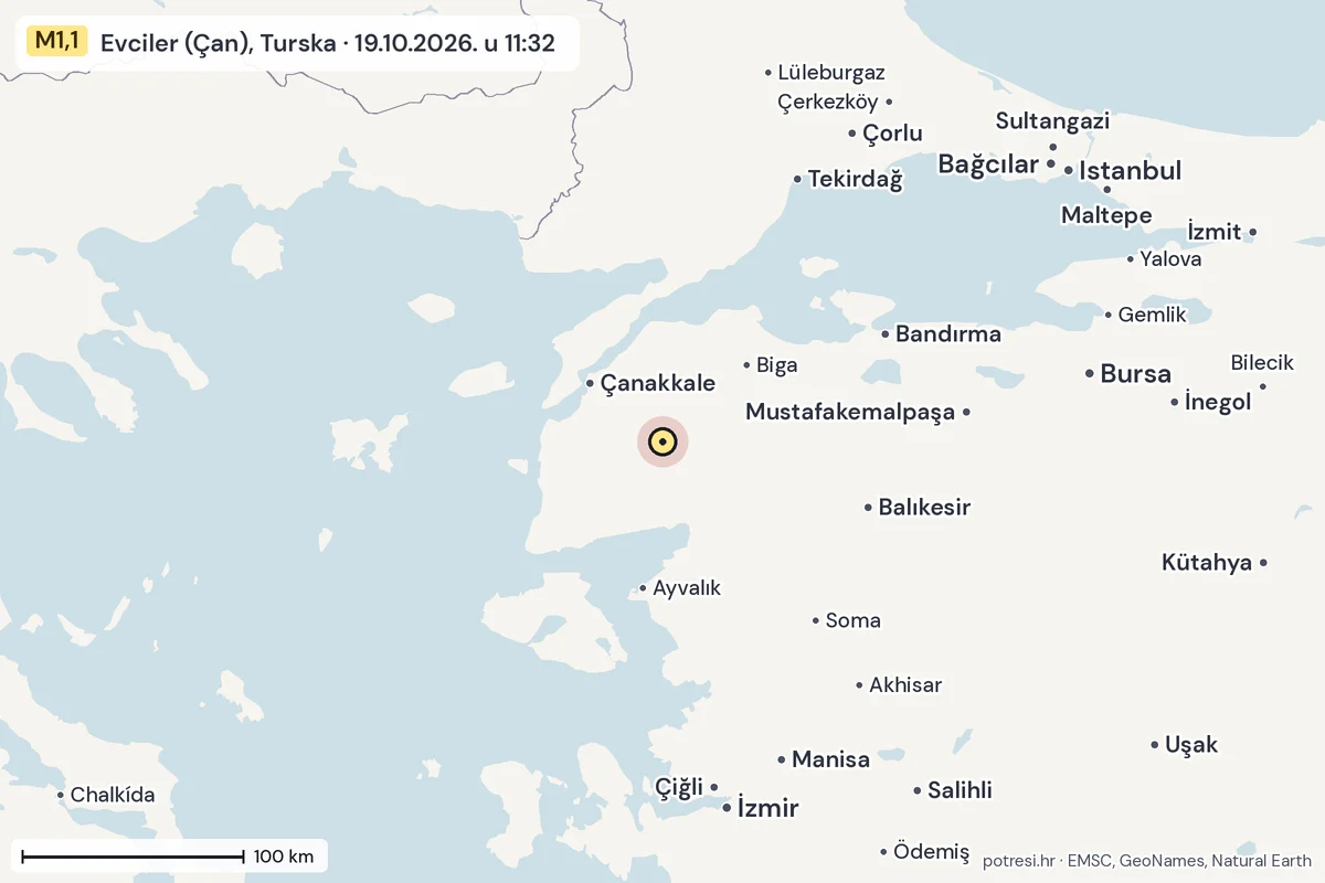 Karta: šire područje, 600 km, potres M1,1, Evciler (Çan), Turska, 19.10.2026.