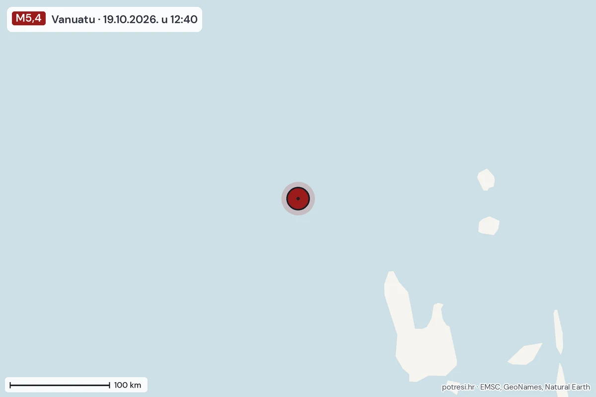 Karta: šire područje, 600 km, potres M5,4, Vanuatu, 19.10.2026.